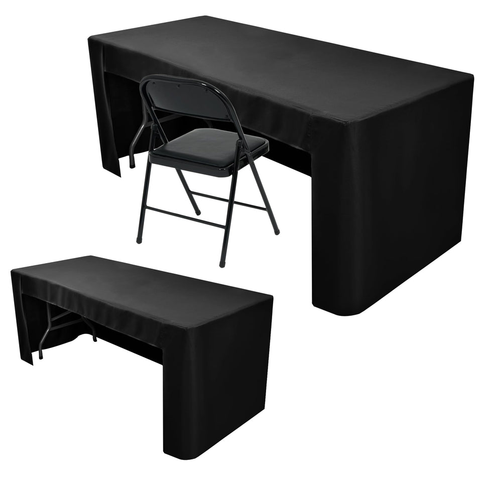 Nasitos 2 Pack Black 8ft tablecloths front view for a professional display.