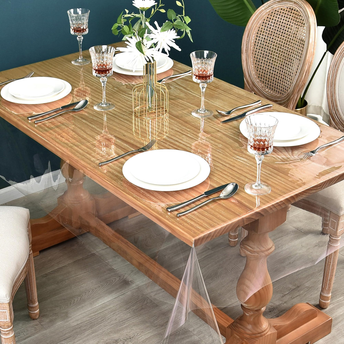 Nasitos outdoor dining tablecloth in clear wipeable surface for patio meals