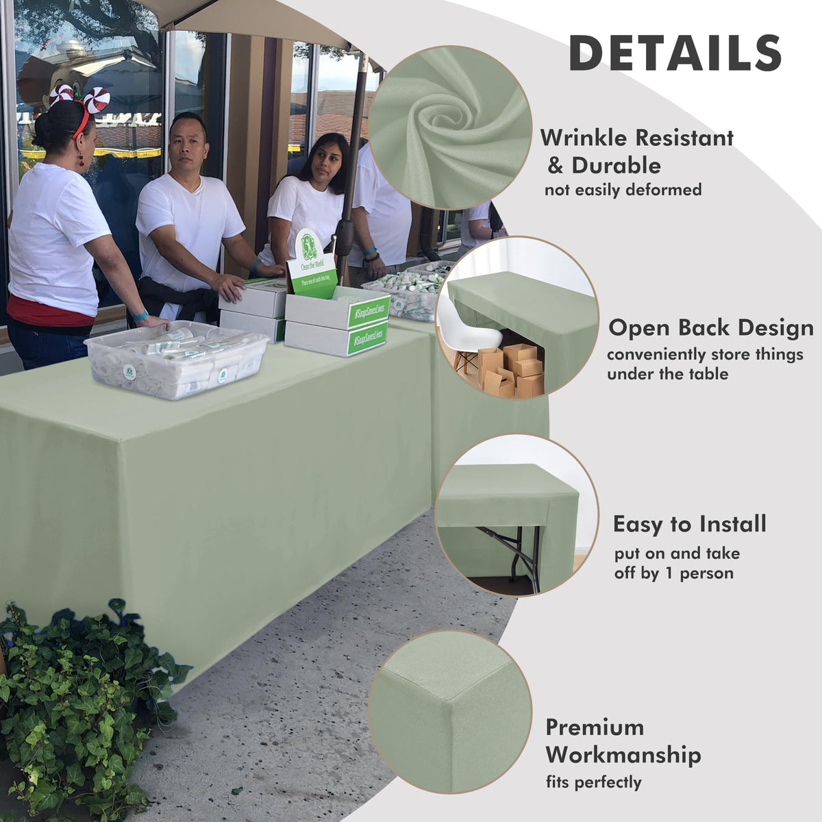 Nasitos open-back sage green tablecloth enables comfortable behind-the-table seating