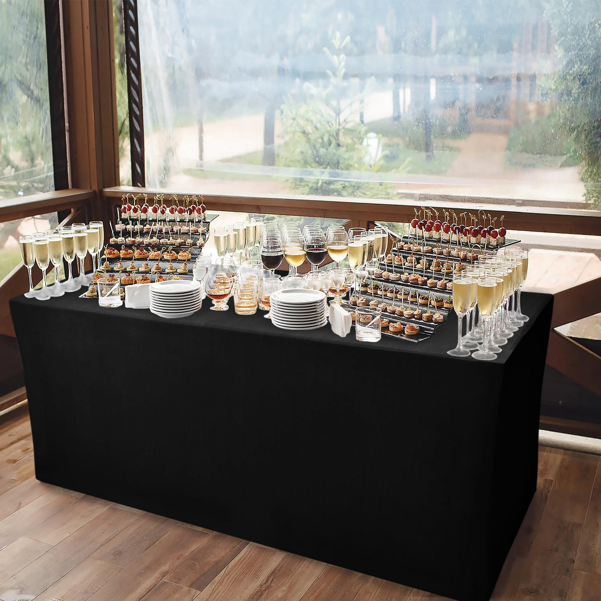 Nasitos wrinkle-resistant stretch tablecloth keeps lines clean during events