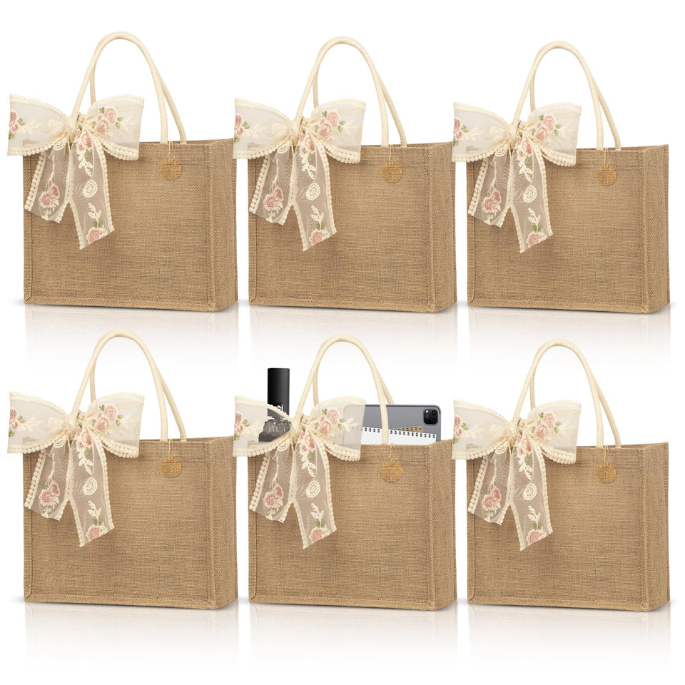 NatCasa burlap tote bags 6pc set, front view, ideal for eco-friendly shopping.