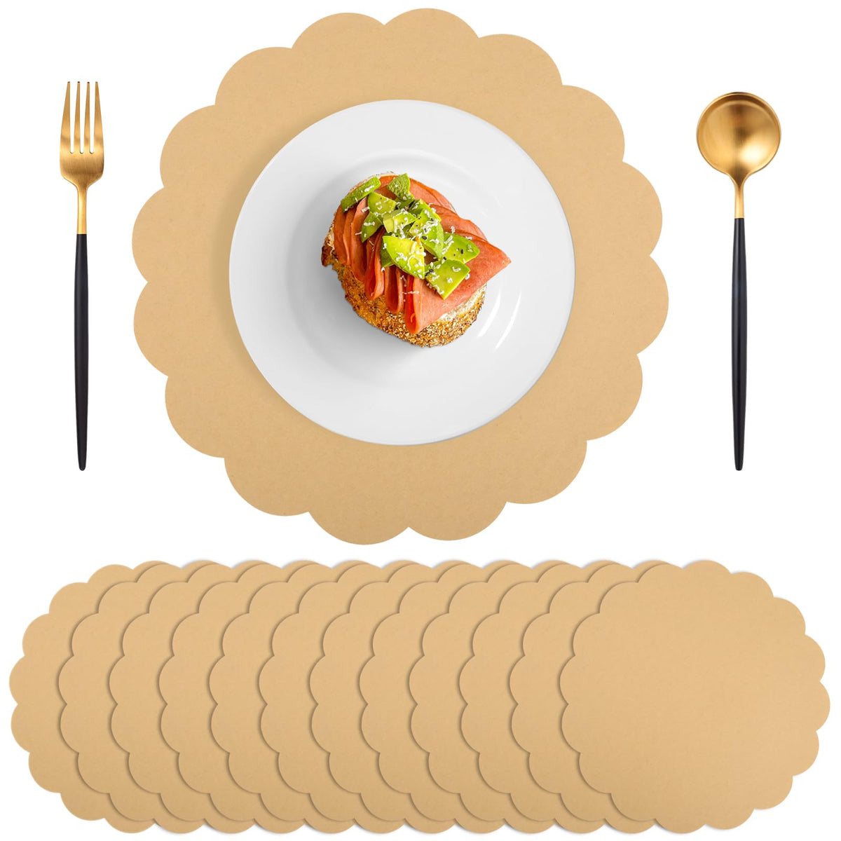NatNarr kraft placemats with scalloped edges for rustic dining and easy cleanup.