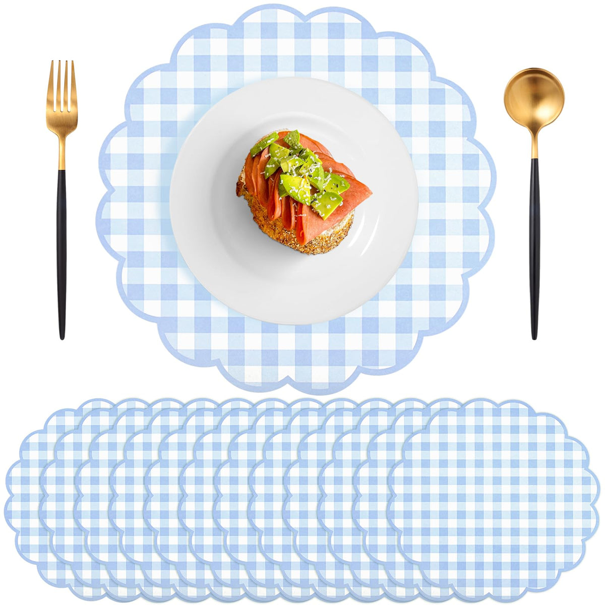 NatNarr blue gingham placemat with curled edge protects tabletops from spills