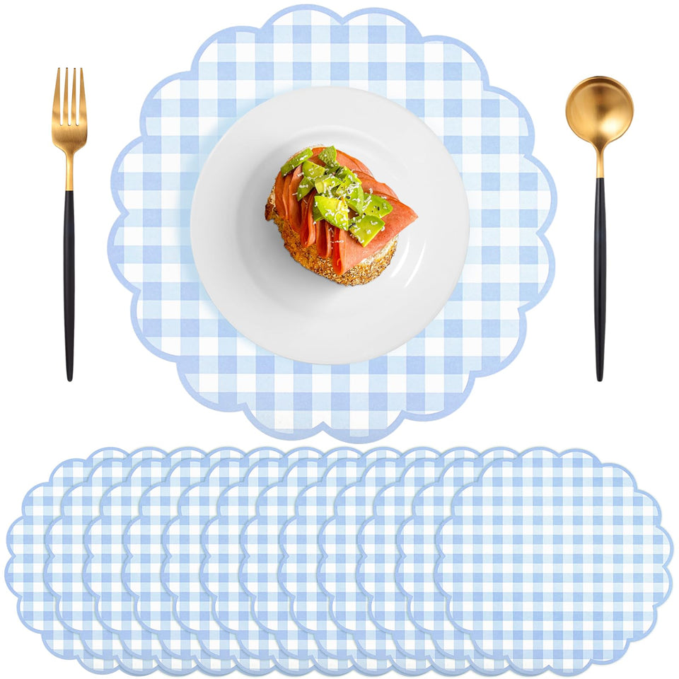 NatNarr blue gingham placemat with curled edge protects tabletops from spills