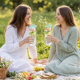 NatNarr new mom celebration setup with a glass cup