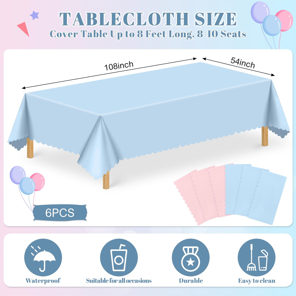 NatNarr pink-blue disposable scalloped tablecloth adds quick decor and surface protection.