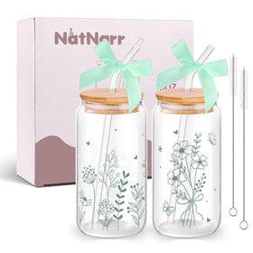 NatNarr sage green floral glass cups with lids for elegant on-the-go drinks