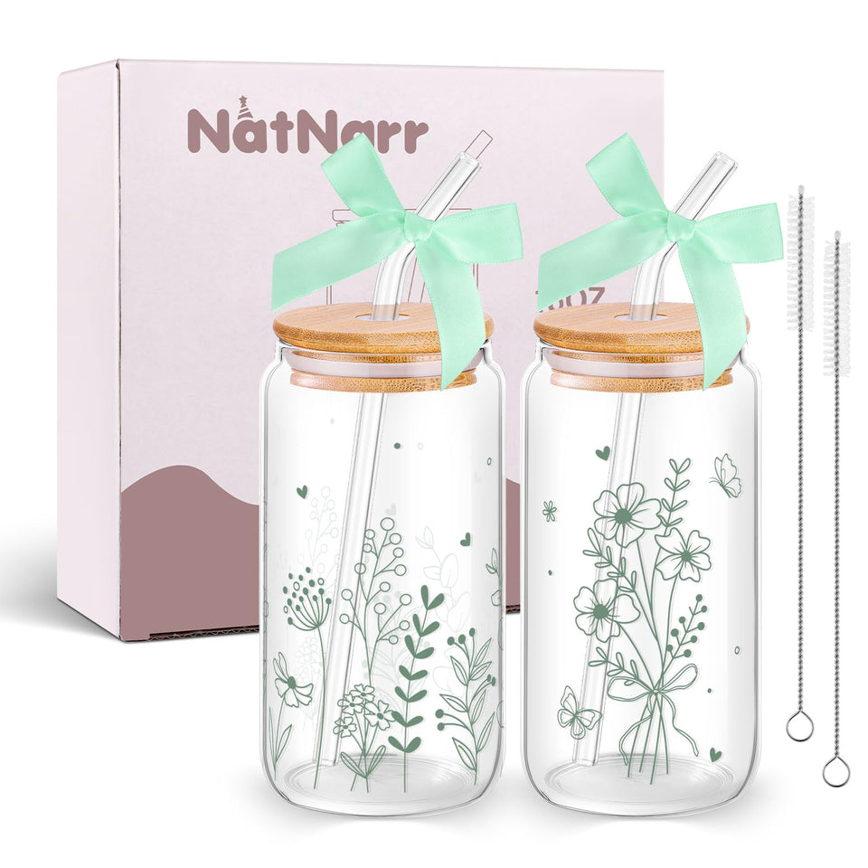 NatNarr sage green floral glass cups with lids for elegant on-the-go drinks