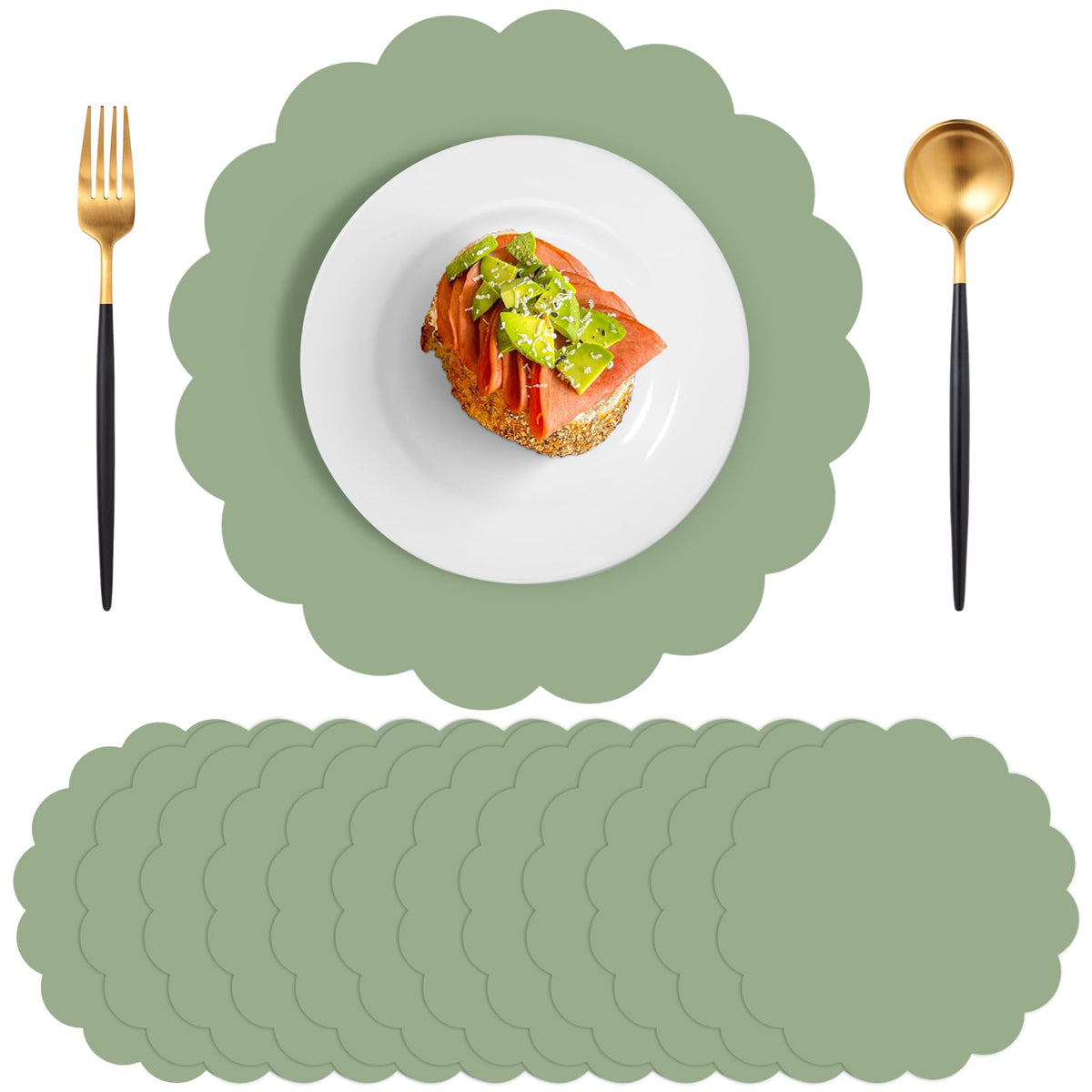 NatNarr sage green placemats 60-pack on table, ideal for quick party setup and mess protection