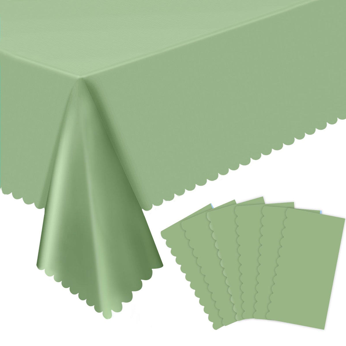 NatNarr sage green tablecloth on a rectangle table with scalloped edge for elegance