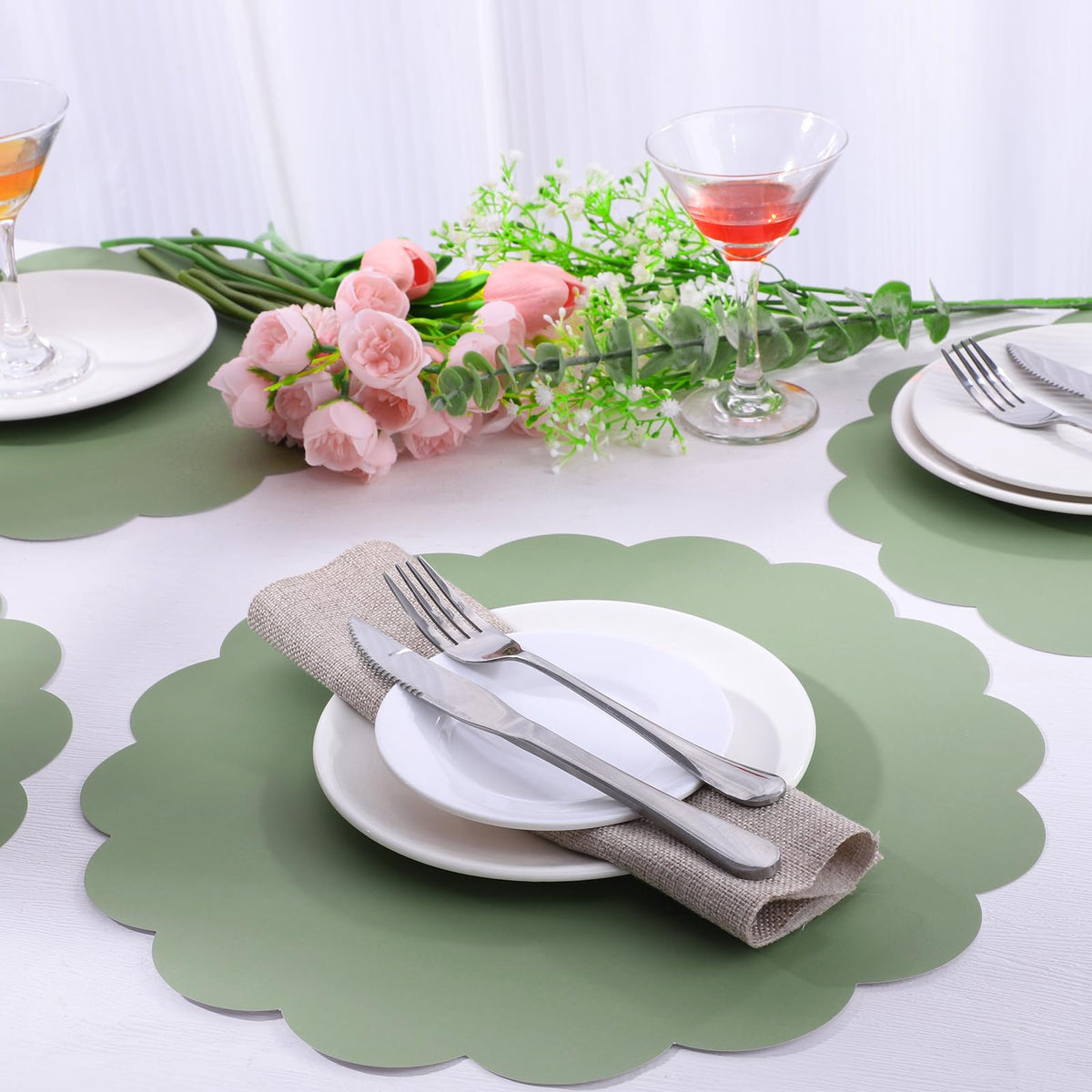 NatNarr wedding or party setup using sage-green placemats for elegant tablescape
