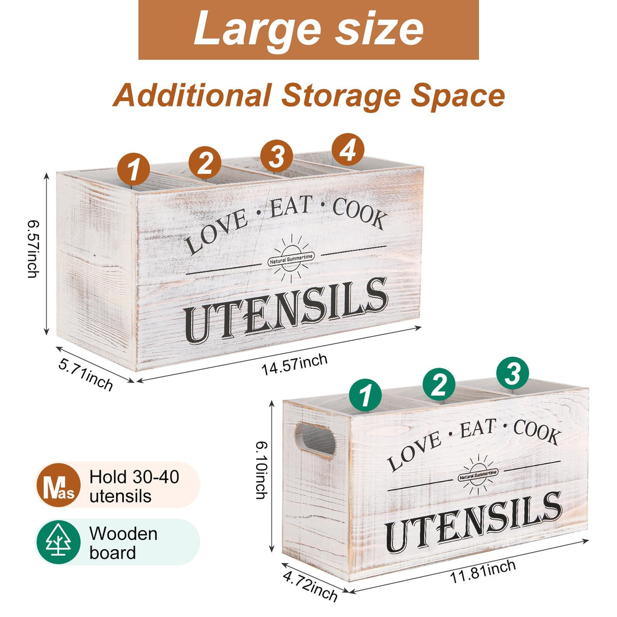 Natural Summertime four-compartment wooden utensil holder keeps spatulas within easy reach.