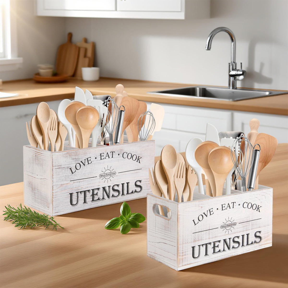 Natural Summertime rustic farmhouse decor enhances kitchen aesthetics while keeping utensils organized.