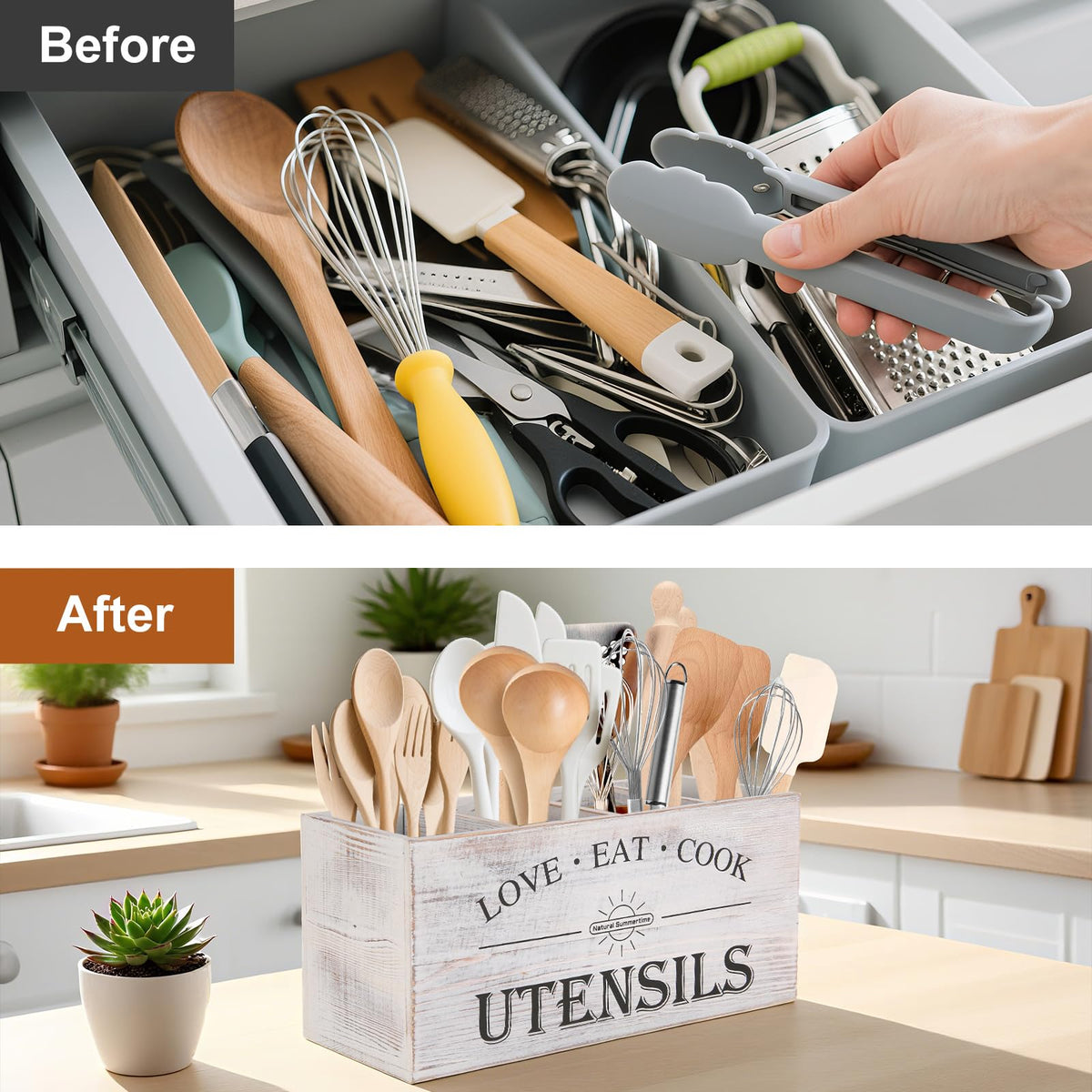 Natural Summertime three-compartment wooden utensil holder organizes forks, spoons, and tools.