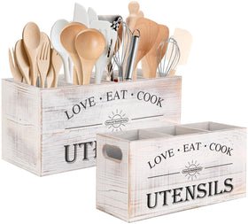 Natural Summertime two-set wooden utensil organizers with four and three compartments.