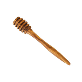 Naturally Med olive wood honey server shows natural patterning for home use.