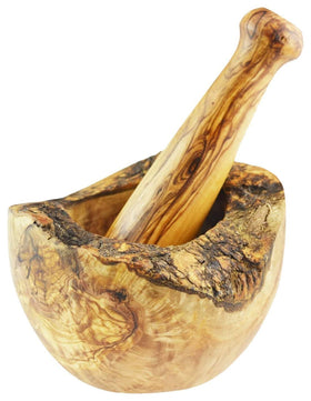 Naturally Med olive wood mortar and pestle side view highlights rustic durability