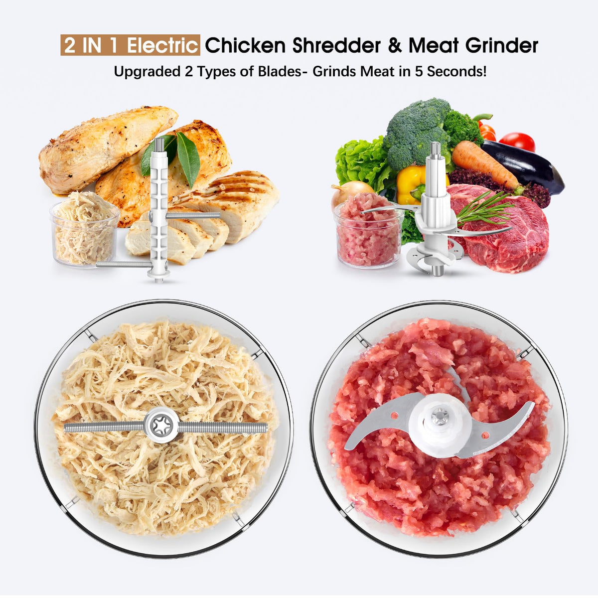NAUQUOHZ chicken shredder with wire-drawing blade shredding chicken evenly.