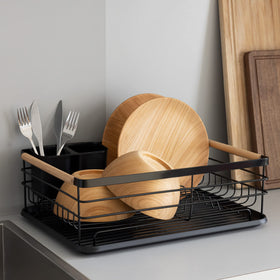 Navaris Dish Drainer Rack showing beechwood handles and warm natural detail