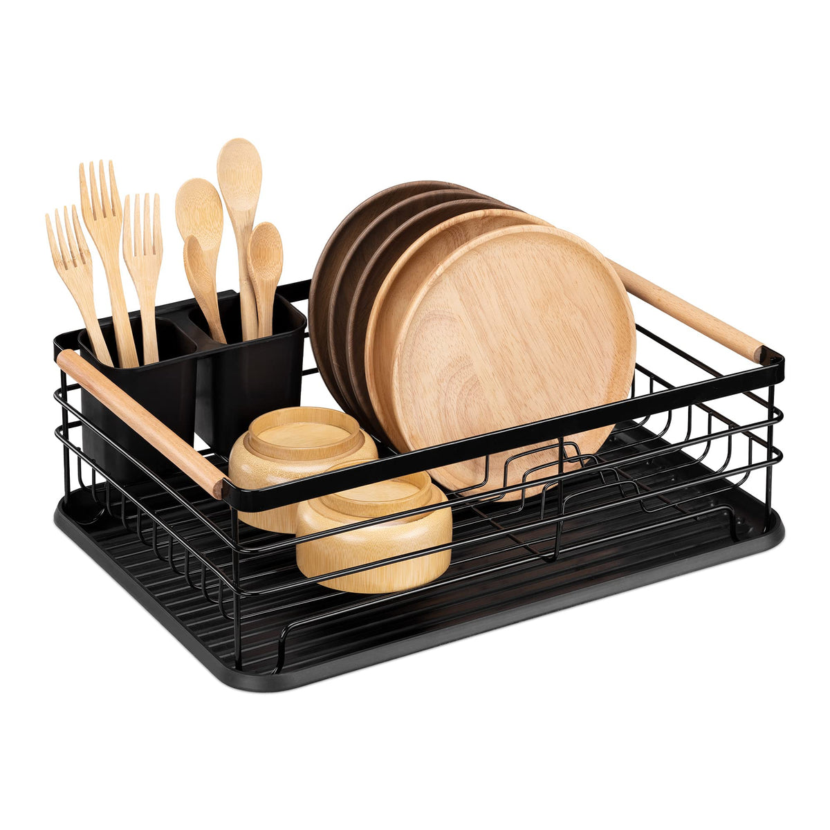 Navaris Dish Drainer Rack full setup with plates and utensils drying on counter