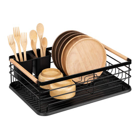 Navaris Dish Drainer Rack full setup with plates and utensils drying on counter