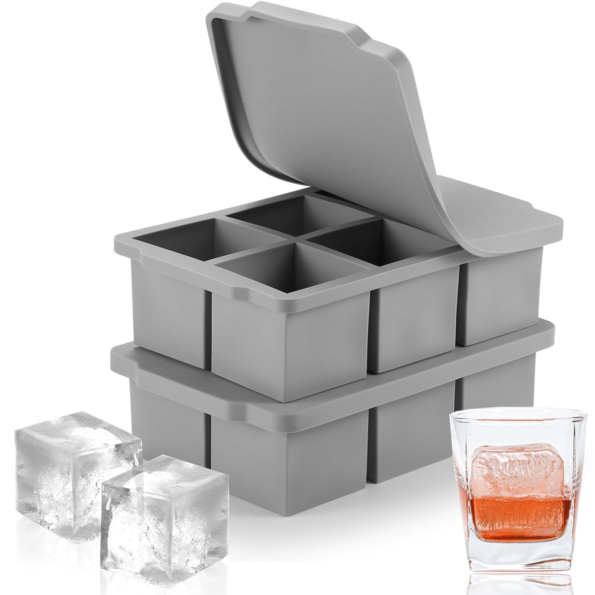 Nax Caki large ice cube tray with lid creates slow-melting cubes for cocktails.