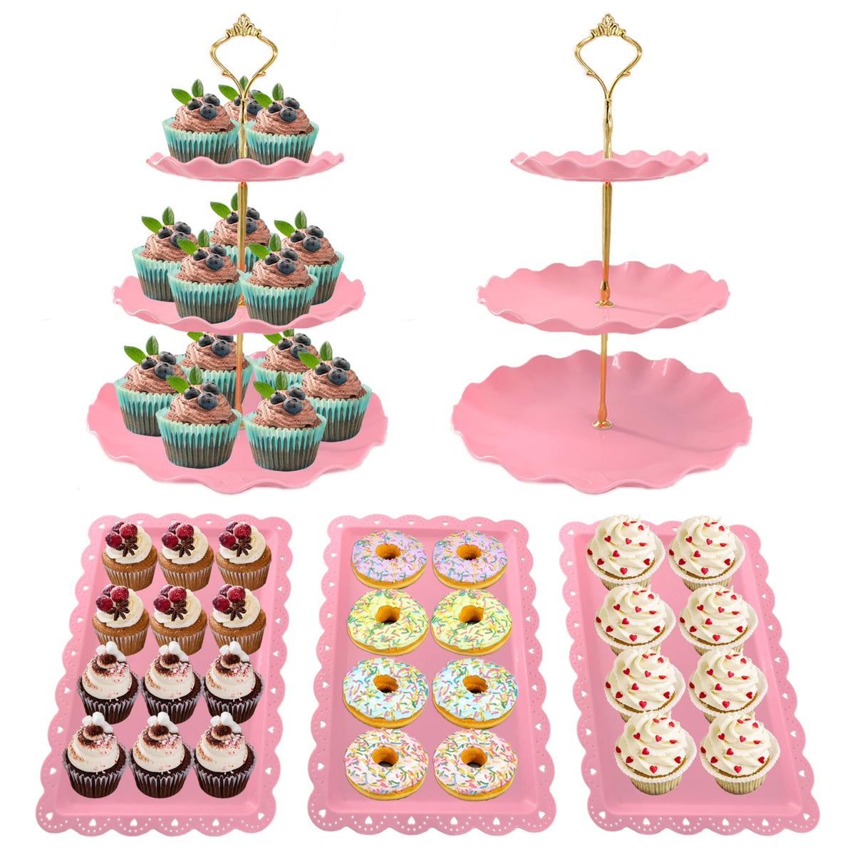 NAXIHOPT pink 3-tier cupcake stand showcases elegant party desserts.