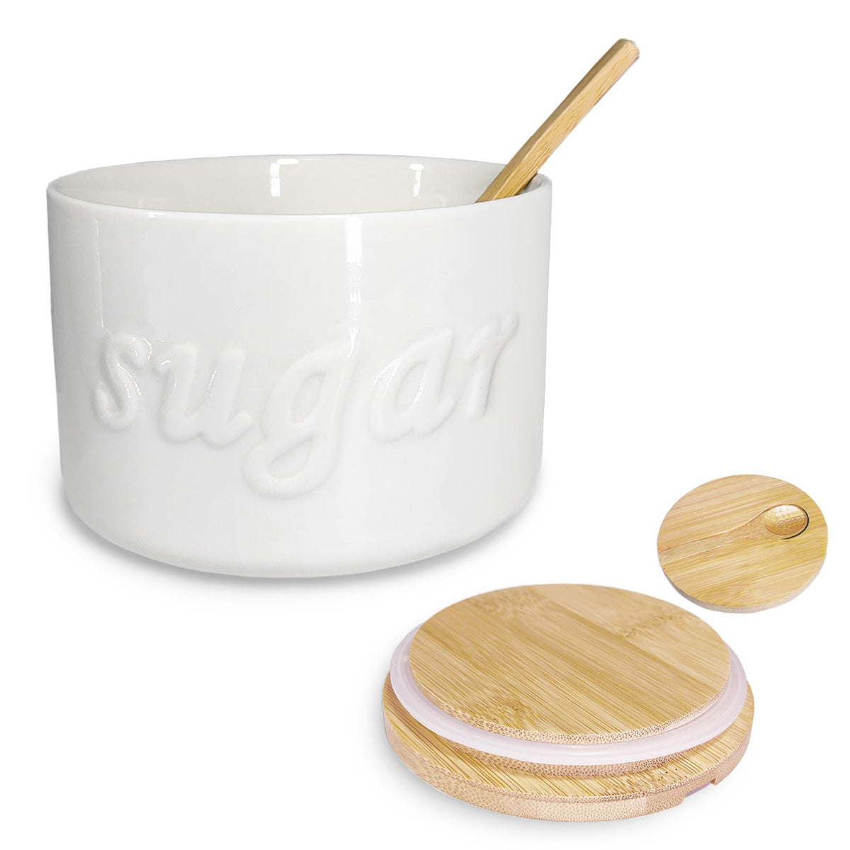 NAXIHOPT sugar bowl with lid and spoon on a countertop for easy coffee sweetening.