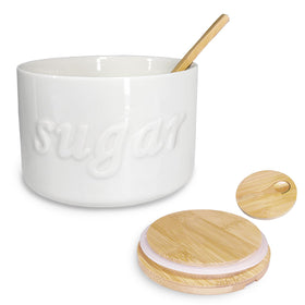 NAXIHOPT sugar bowl with lid and spoon on a countertop for easy coffee sweetening.