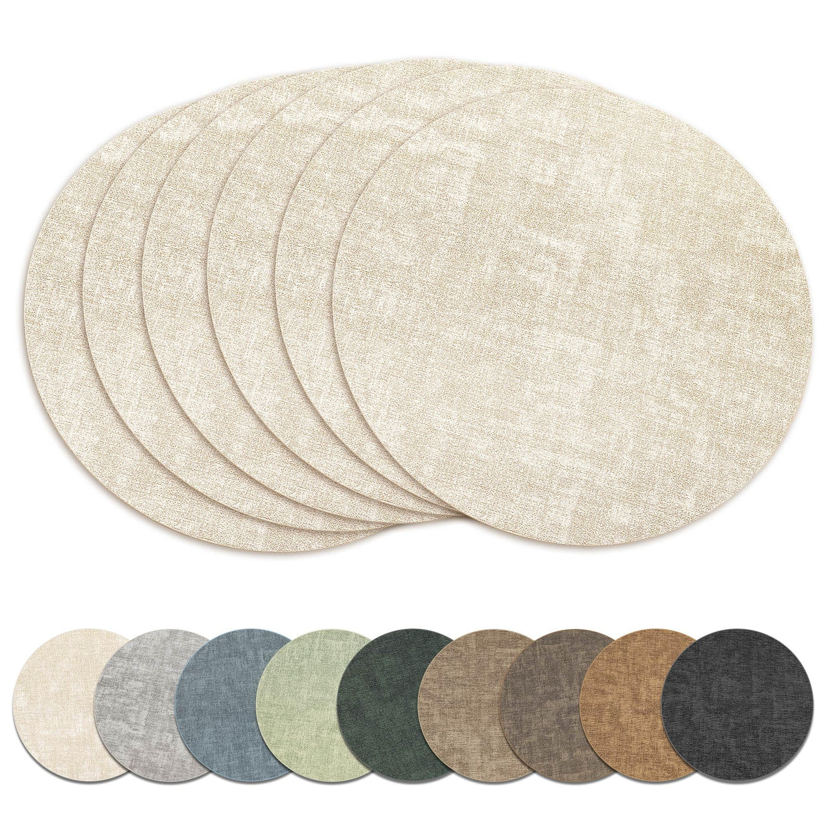 NCUE 13-inch round beige placemats, six-pack, protect tables from heat and spills.
