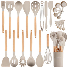 NCUE 26-pcs silicone cooking utensils set with holder, organized for easy meal prep.