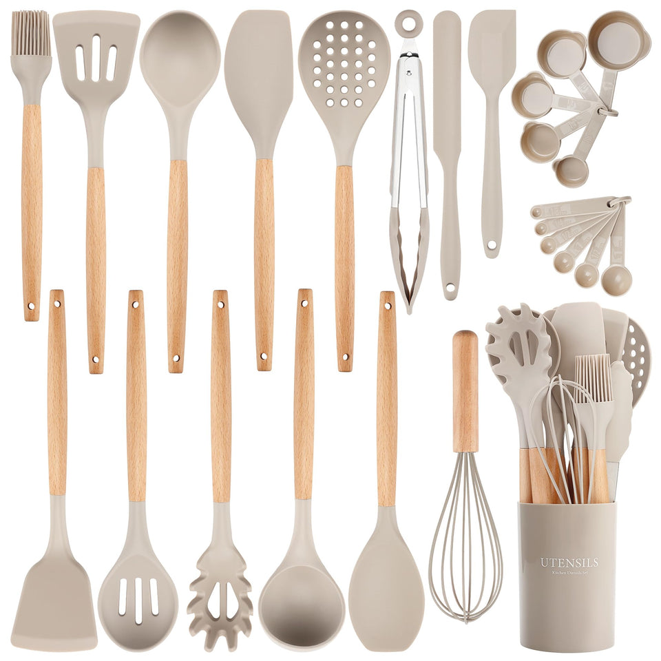 NCUE 26-pcs silicone cooking utensils set with holder, organized for easy meal prep.