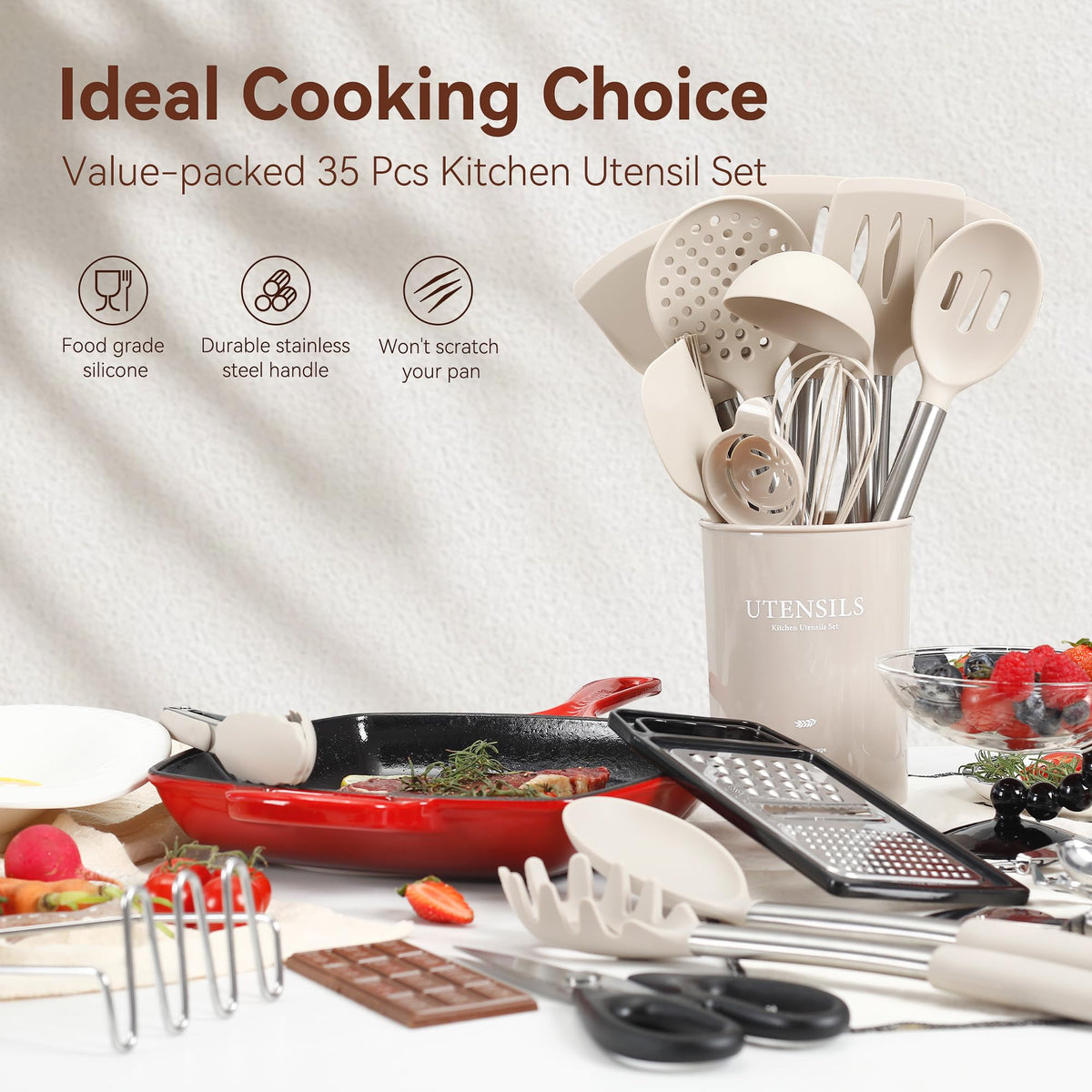 NCUE khaki holder for utensils keeps tools organized on the counter.