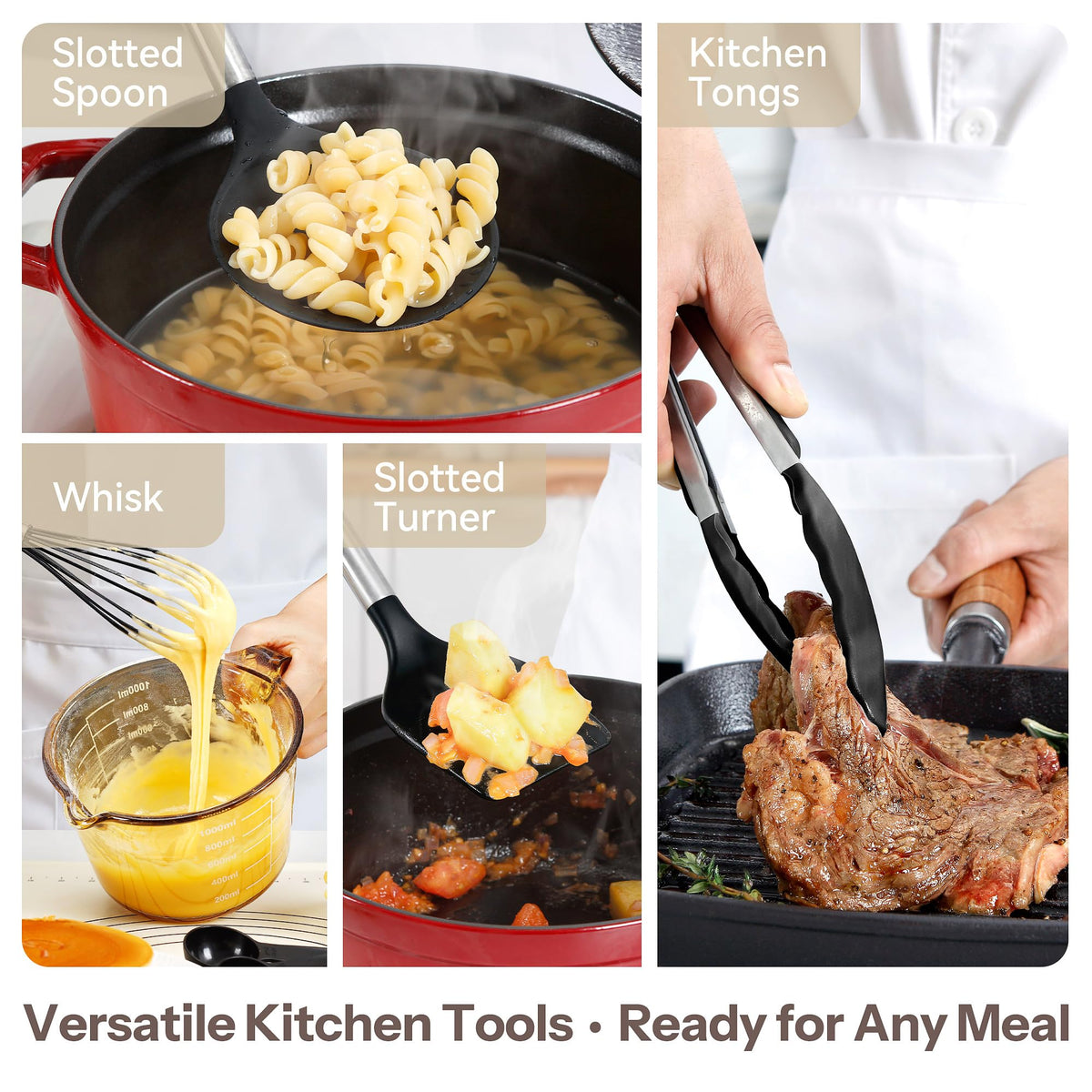 NCUE kitchen tongs and oven mitts for safe, firm grip.