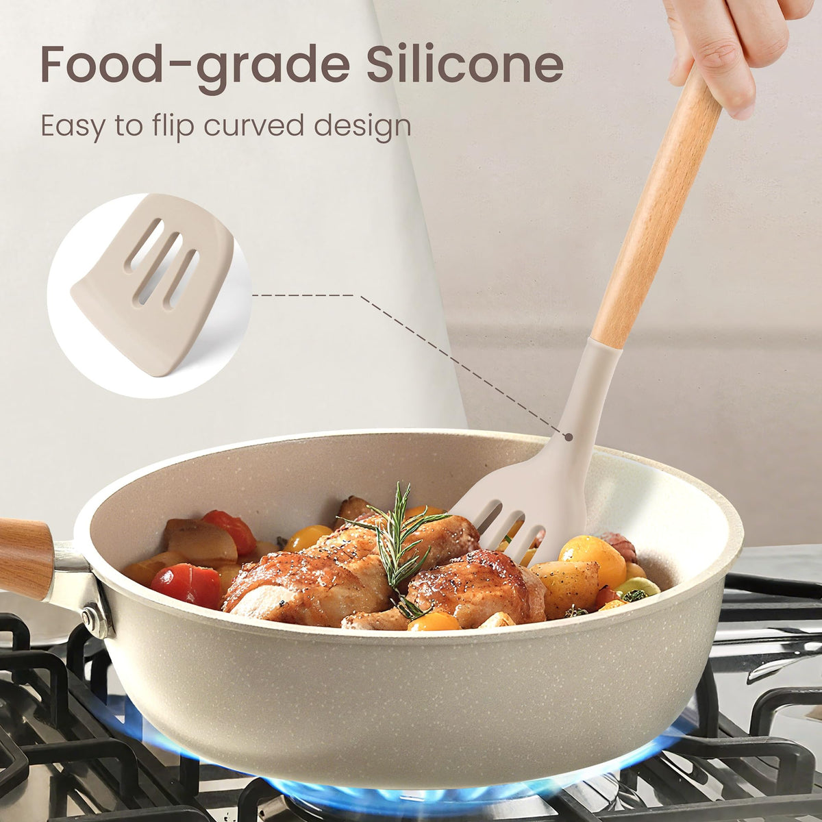 NCUE pasta server and spatula for easy mixing and serving.