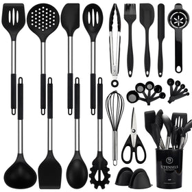 NCUE silicone cooking utensils set on counter, heat resistant up to 446°F.