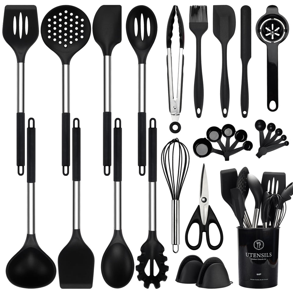 NCUE silicone cooking utensils set on counter, heat resistant up to 446°F.