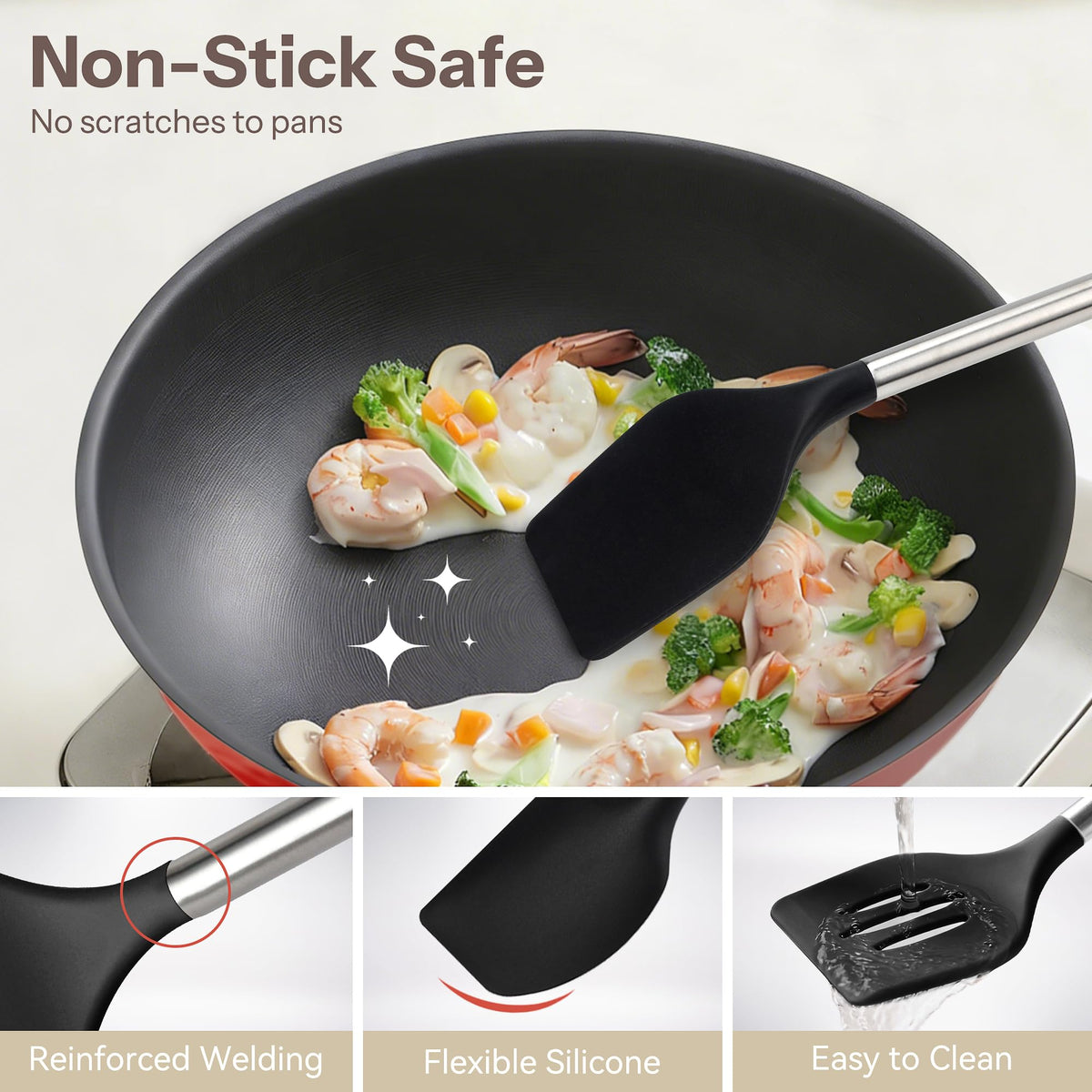 NCUE silicone utensils dishwasher safe for easy cleanup.