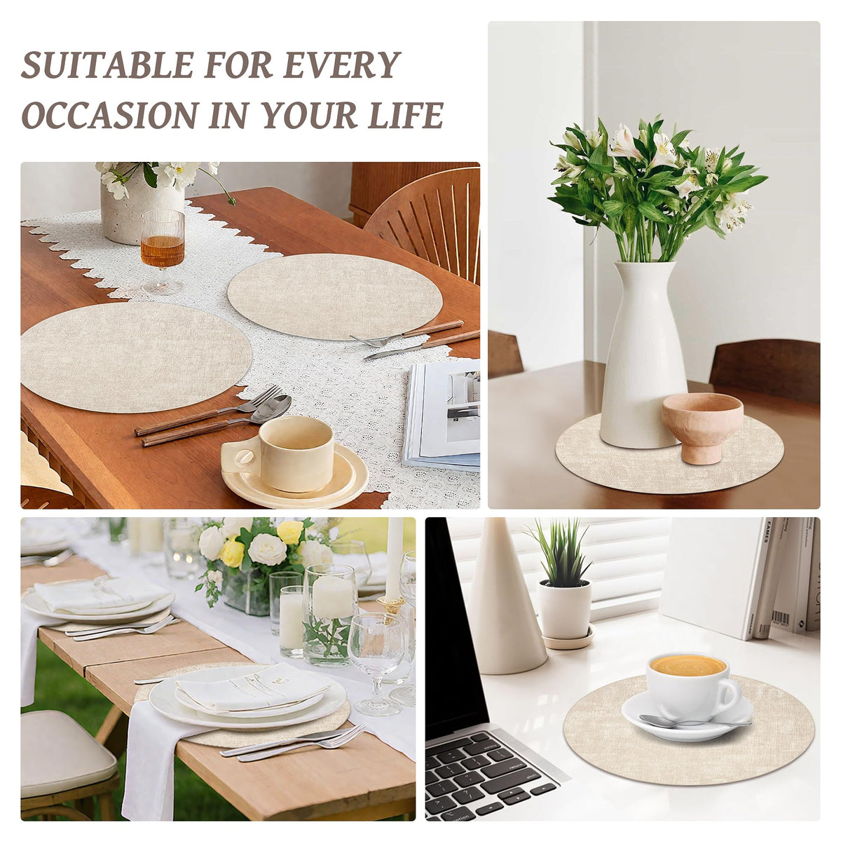 NCUE six-pack round placemats combine durability with simple elegance.