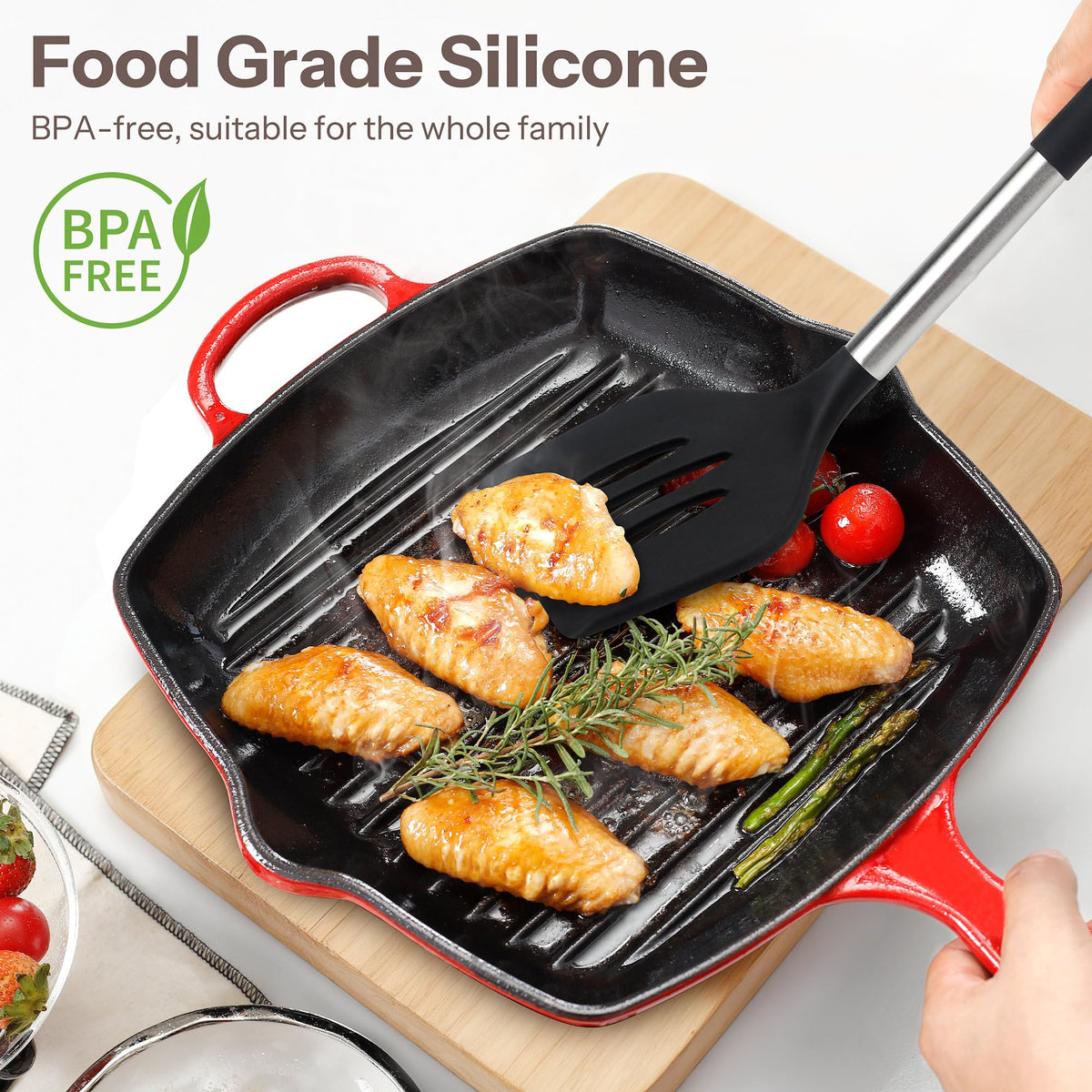 NCUE slotted turner and spoon in use on nonstick cookware.