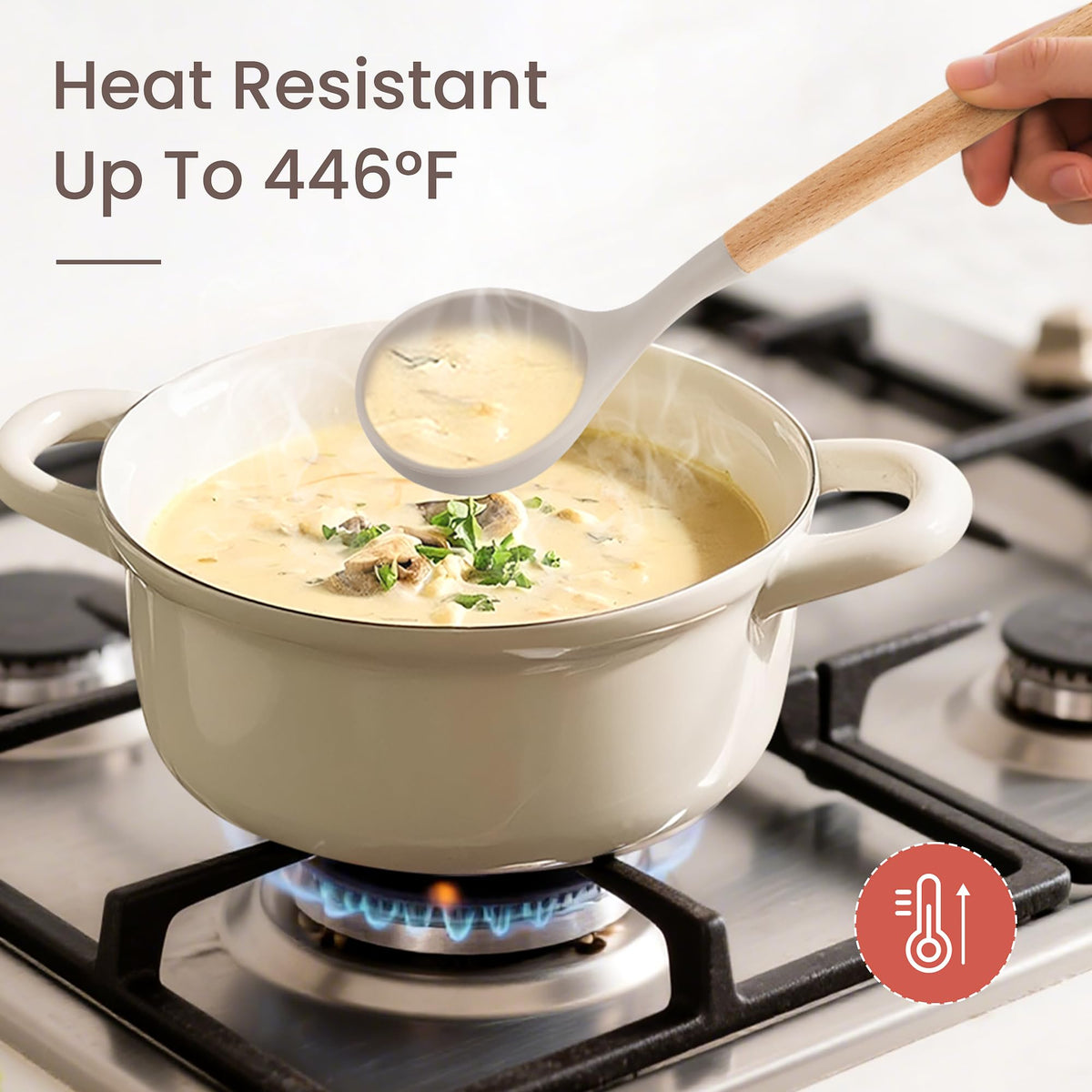 NCUE wooden-handle silicone utensils stay cool and comfortable during cooking.