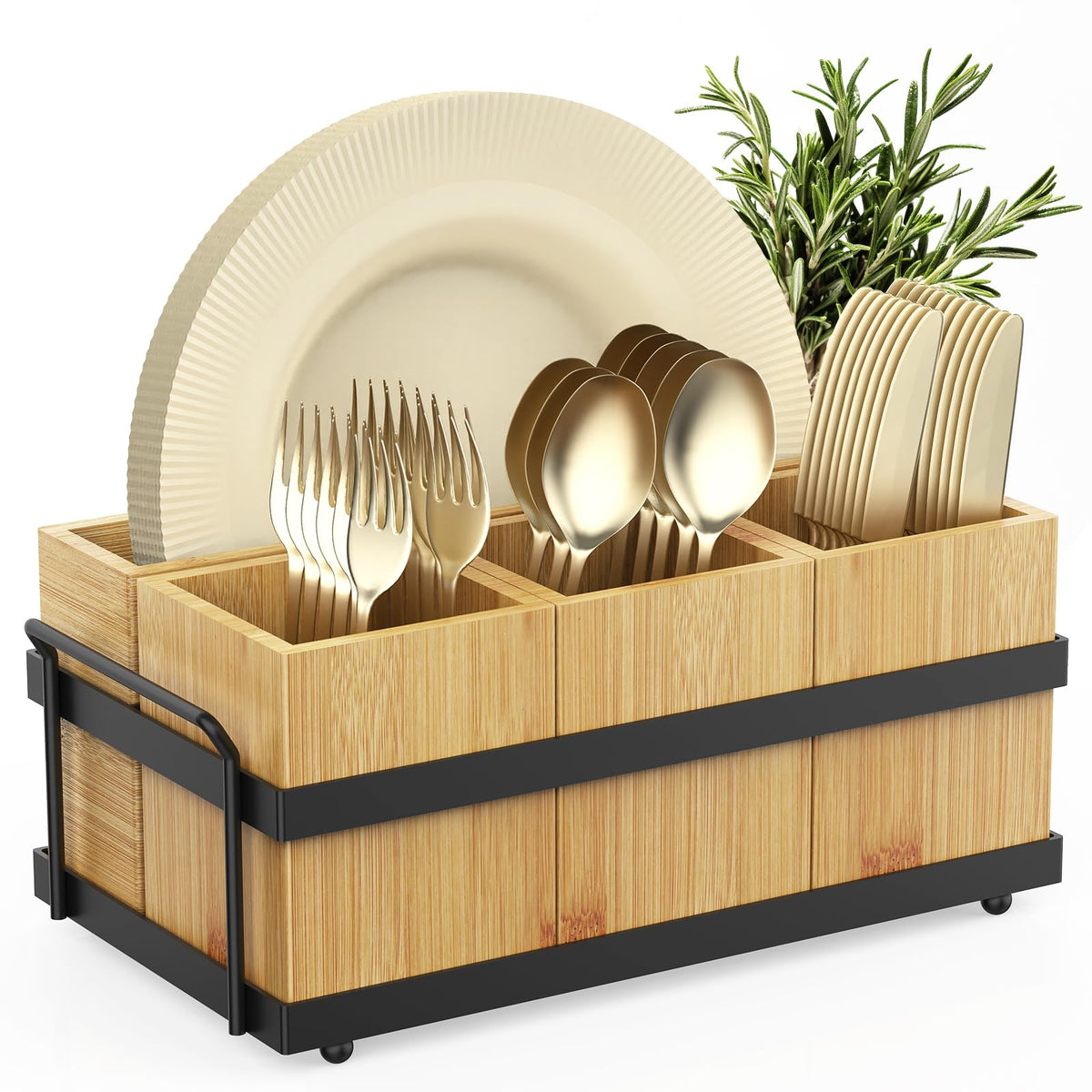 Neaclynn silverware caddy with four removable compartments keeps utensils organized at parties.