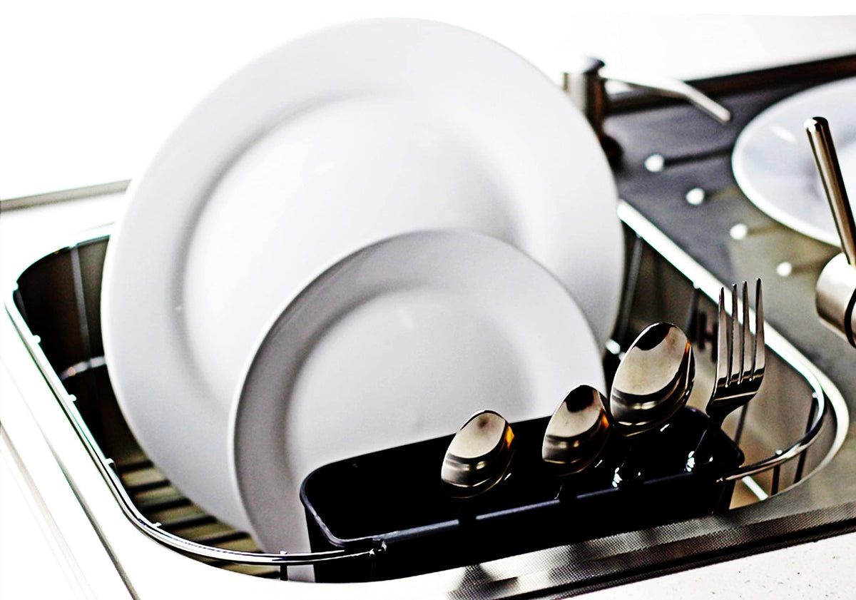 Neat-O Deluxe chrome dish drainer base detail shows the color-coated base protecting surfaces.