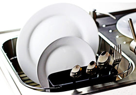 Neat-O Deluxe chrome dish drainer base detail shows the color-coated base protecting surfaces.