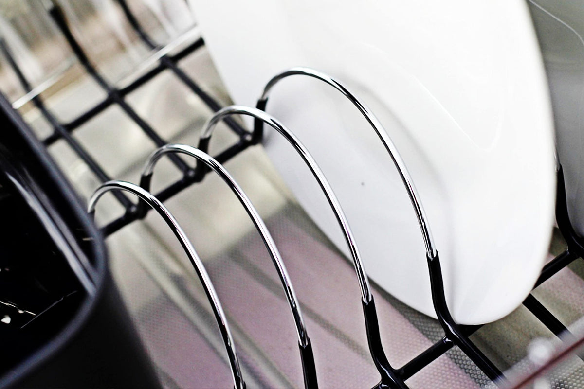 Neat-O Deluxe chrome dish drainer dish slot layout holds eight plus plates safely.
