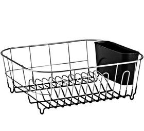 Neat-O Deluxe chrome dish drainer, front angle, fits everyday dishware while saving counter space.