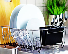 Neat-O Deluxe chrome dish drainer in-kitchen use complements modern decor.