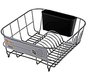 Neat-O Deluxe chrome dish drainer measurements shown fits most sink setups.