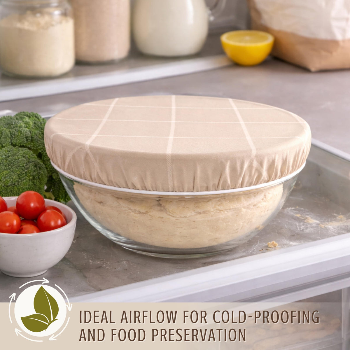 Nectar & Nest reusable cover on leftovers for fresh storage.