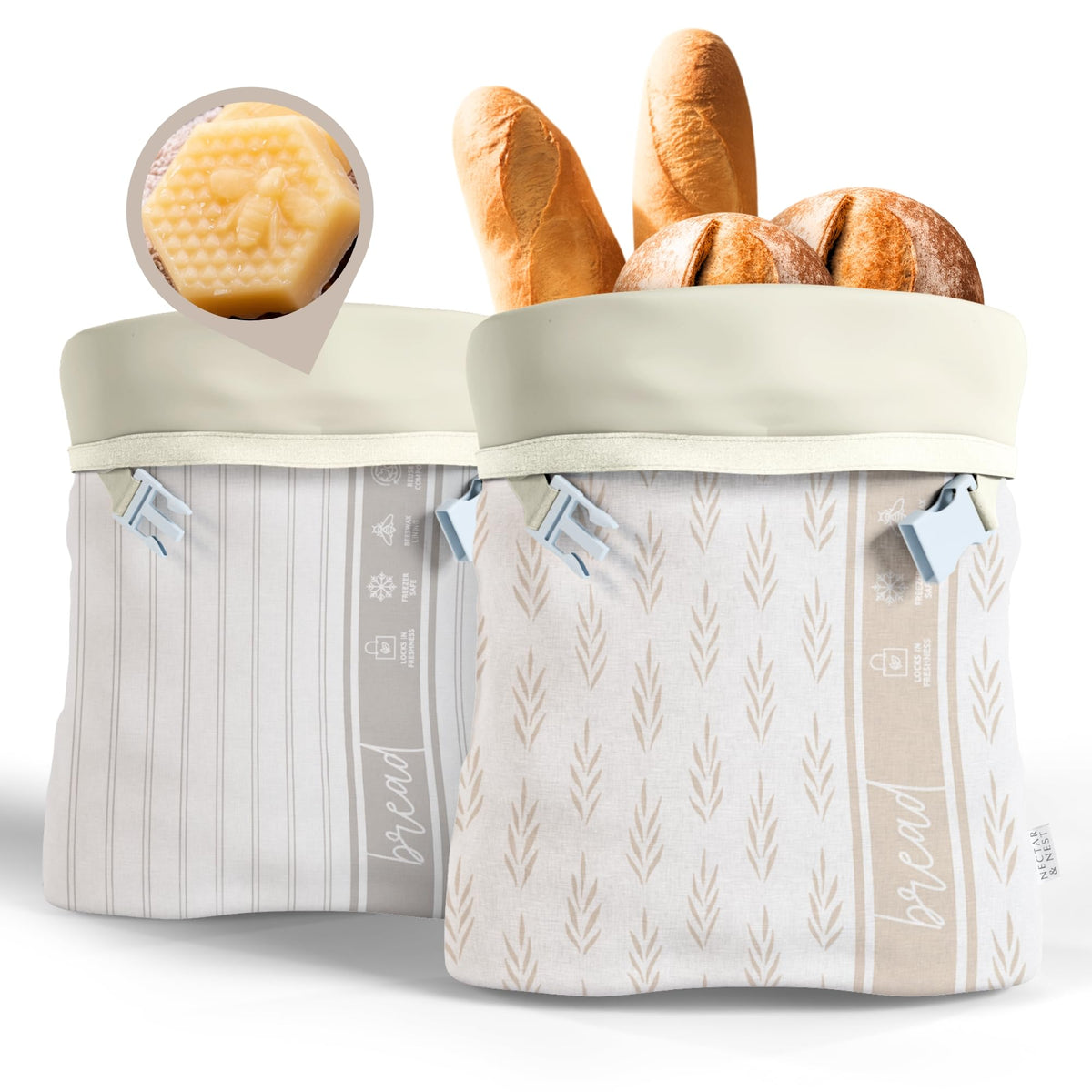 Nectar & Nest XL beeswax bread bag open view for fresh loaves